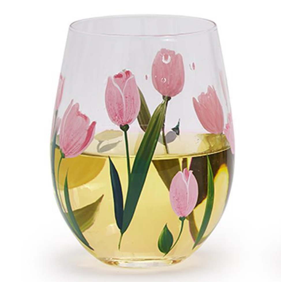 Two's Company TC 53811 Pink Tulips Stemless Wine Glass  Piper Lillies Gift  Shoppe