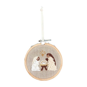 Mud Pie MP 46700315 Embroidered Linen Wood Hoop Ornament