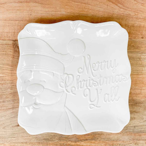 The Royal Standard 13621036 Merry Christmas Y'all Embossed Square Platter White 11.5x11.5