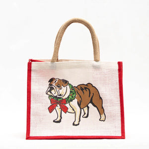 The Royal Standard TRS 141722021 Christmas Wreath Bulldog Gift Tote White/Brown/Red 12x10x8