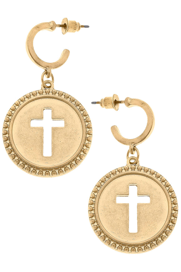 Canvas Jewelry CJ 24242E-GD Candace Coin Cross Drop Hoop Earrings in Worn Gold