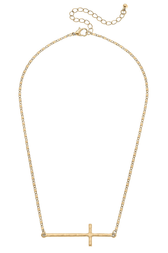 Canvas Jewelry CJ 24252N-GD Carmi Delicate Cross Necklace in Worn Gold