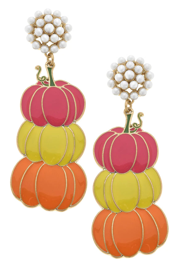 Canvas Jewelry CJ 24492E-MU Halloween Enamel Stacked Pumpkins Earrings in Pink/Yellow/Orange
