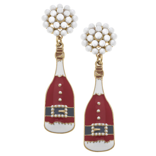 Canvas Jewelry CJ 24598E-RD Santa Champagne Bottle Enamel Earrings in Red and White