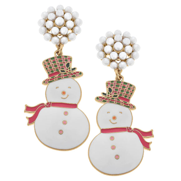 Canvas Jewelry CJ 24605E-WH Snowman Enamel Earrings in White/Pink/Green