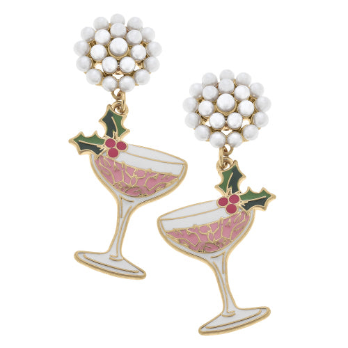 Canvas Jewelry CJ 24620E-PK Festive Champagne Coupe Enamel Earrings in Pink and Green