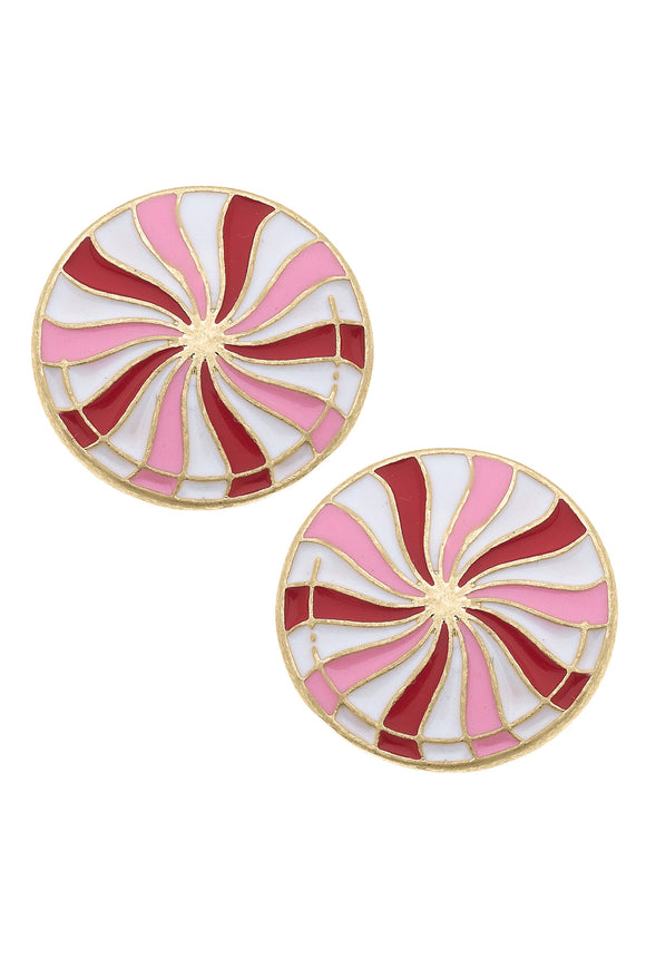 Canvas Jewelry CJ 25430E-PK Peppermint Candy Enamel Stud Earrings in Pink & Red Stripes