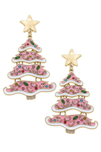 Canvas Jewelry CJ 25432E-PK Jeweled Enamel Christmas Tree Statement Earrings in Pink