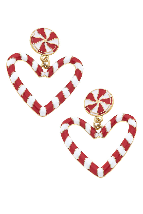 Canvas Jewelry CJ 25446E-RD Candy Cane Hearts Enamel Drop Earrings in Red & White