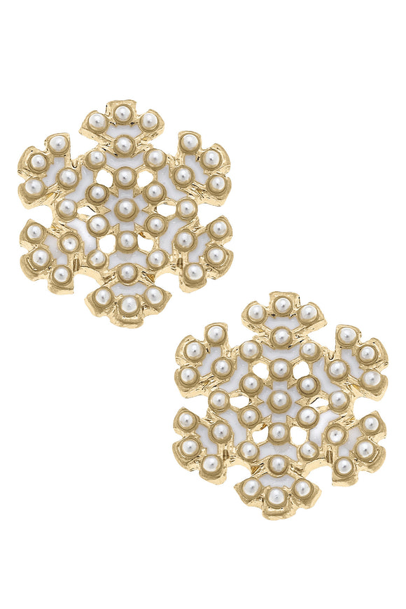 Canvas Jewelry CJ 25453E-IV Pearl Studded Enamel Snowflake Stud Earrings in Ivory