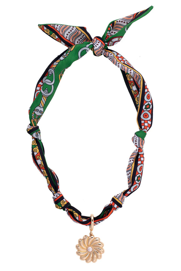 Canvas Jewelry CJ 26777N-GN Gertrude Pearl Flower Scarf Necklace in Green/Black/Orange