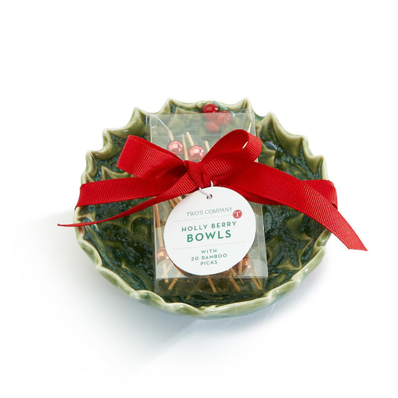 Two's Company TC 81676-20 Holly Leaves & Berries Tidbit Dish with Bamboo Sticks