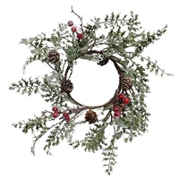 Wing Tai Trading WTT FXD39265CL Green Fern, Pinecone & Red Berry Candle Ring - 4.5" Diameter