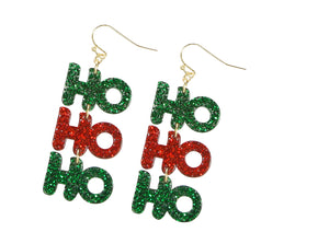 KALEIDOSCOPE ACCESSORIES KA LD10429 EARRING ACRYLIC GLITTER RED & GREEN "HO HO HO 2.25"