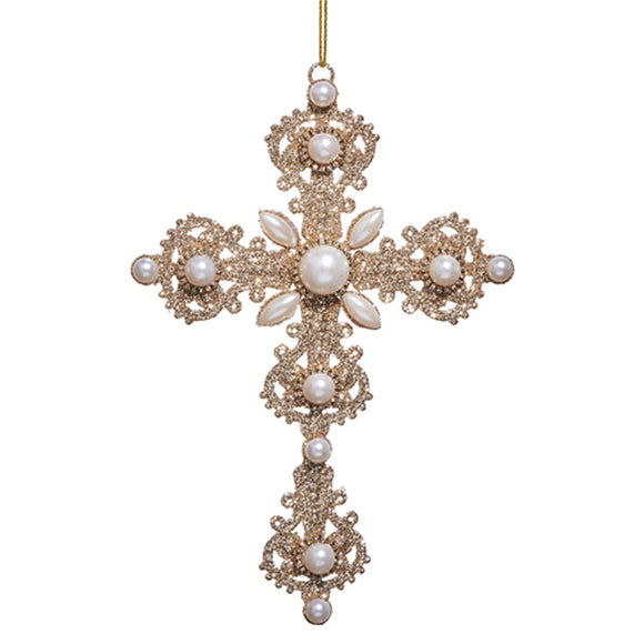 Raz Imports RZ 4516301 Glitter and Pearl Cross Ornament. 6.5in