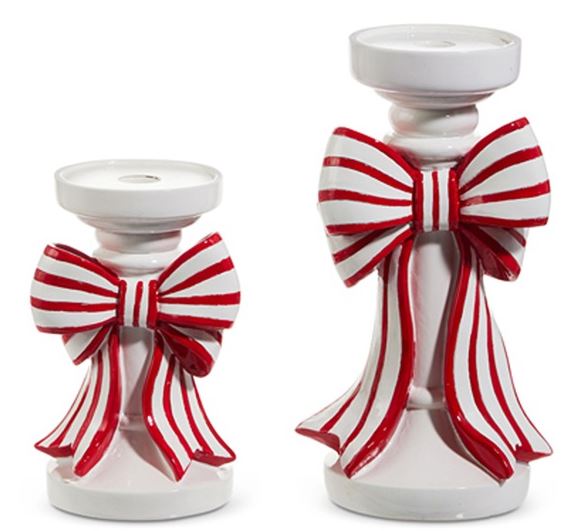 Raz Imports RZ 4512233x Red and White Stripe Bow Candle Holder - 2 Sizes