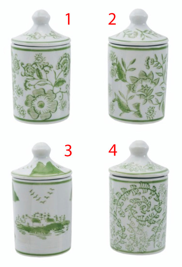 Hazel Mazel HM0444Ax Hand-Stamped Green Stoneware Spice Jar w/Pattern - 4 Styles