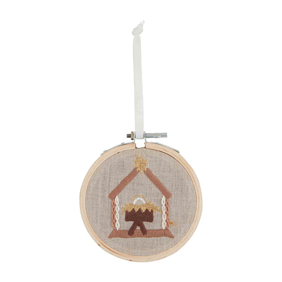 Mud Pie MP 46700315 Embroidered Linen Wood Hoop Ornament