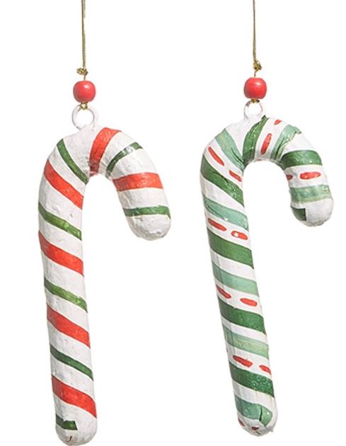 Raz Imports RZ 4511212x Pattern Christmas Paper Mache Candy Cane Ornament, 7in - 2 Styles