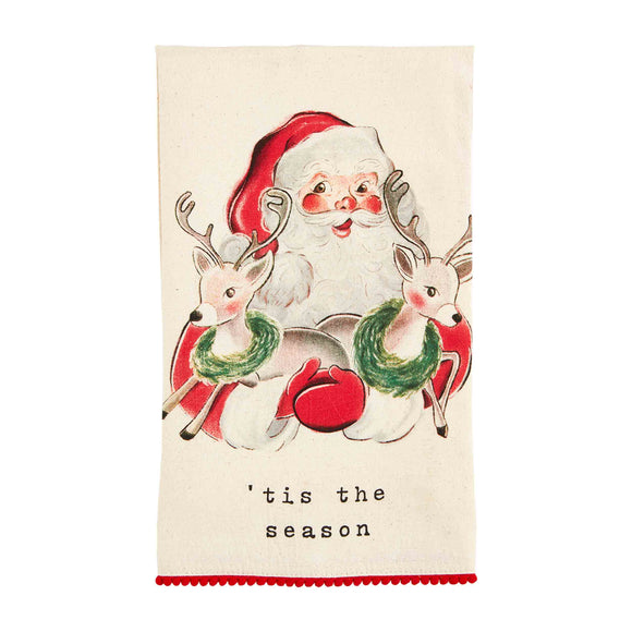 Mud Pie MP 42170021 Vintage Santa & Reindeer Mini Pom Towels