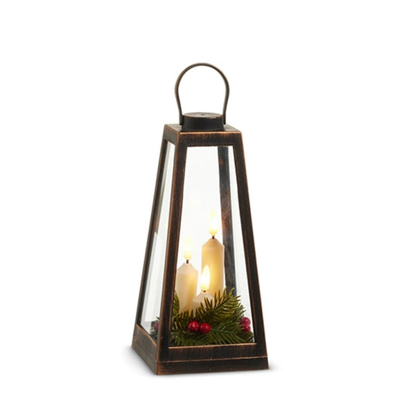 Raz Imports RZ 4559448 Distressed Lantern with Candles and Greenery, 9.25in