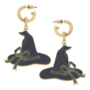 Canvas Jewelry CJ 23746E-GD Halloween Witch Hat Enamel & Pave Earrings in Black & Green, 2.3" Length