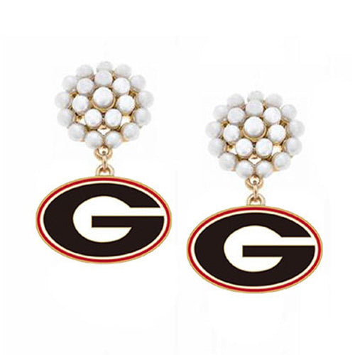 Canvas Jewelry CJ 24108E-GA Georgia Bulldogs Pearl Cluster Enamel Drop Earrings in Black/Red