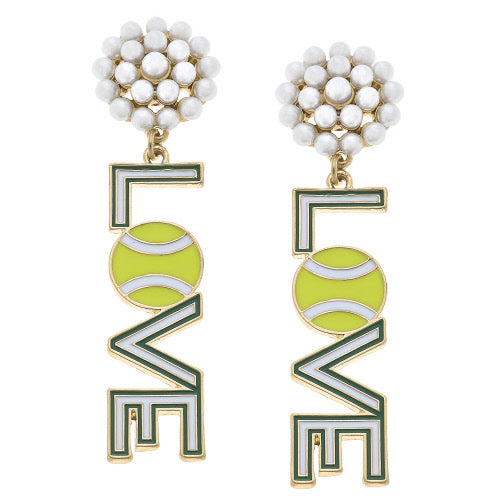 Canvas Jewelry CJ 24151E-GD Tennis Love Enamel Pearl Cluster Earrings in Green and White