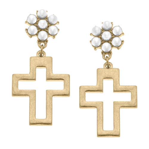 Canvas Jewelry CJ 24234E-GD Charolotte Cross Pearl Cluster Drop Earrings in Worn Gold