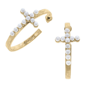 Canvas Jewelry CJ 24238E-GD Hannah Pearl Cross Hoop Earrings in Worn Gold