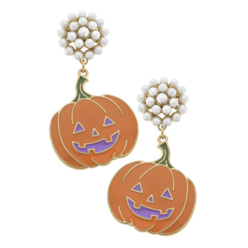 Canvas Jewelry CJ 24490E-OR Halloween Jack O'Lantern Pearl Cluster Enamel Earrings in Orange