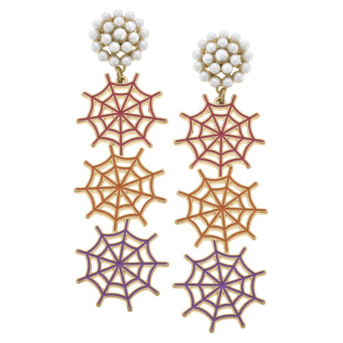 Canvas Jewelry CJ 24491E-MU Halloween Enamel Linked Spider Web Drop Earrings in Pink/Orange/Purple