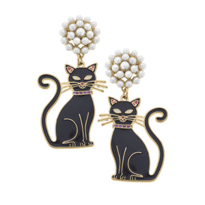 Canvas Jewelry CJ24498E-BK Halloween Enamel Black Cat Earrings in Black