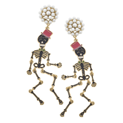 Canvas Jewelry CJ 24501E-BK Halloween Skeleton Pearl Cluster Enamel Earrings in Black