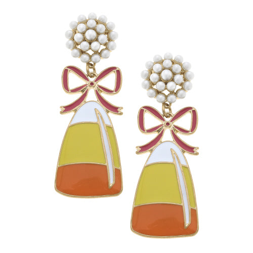Canvas Jewelry CJ 24506E-OR Halloween Candy Corn with Bow Pearl Cluster Enamel Earrings in Orange and Yellow
