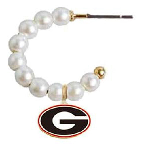 Canvas Jewelry CJ 24684E-GA Georgia Bulldogs Pearl Hoop Enamel Drop Earrings in Black/Red