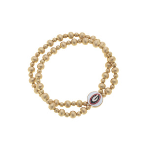 Canvas Jewelry CJ 25279B-GA Georgia Bulldogs 2-Row Ball Bead Stretch Bracelet in Satin Gold