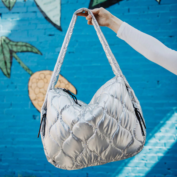 KATYDID COLLECTION KC KDC-TB-28_SLV METALLIC SILVER WAVE QUILTED HOBO TOTE BAG