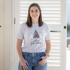 The Royal Standard TRS Women's Leopard Christmas Tree Crew Neck T-Shirt Heathered White/Black/Brown