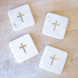 The Royal Standard TRS 139320016 Cross Marble Coasters - White/Brass - Set of 4
