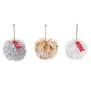 Mud Pie MP 46700038M Pom Pom Ornaments Merry White/Gold