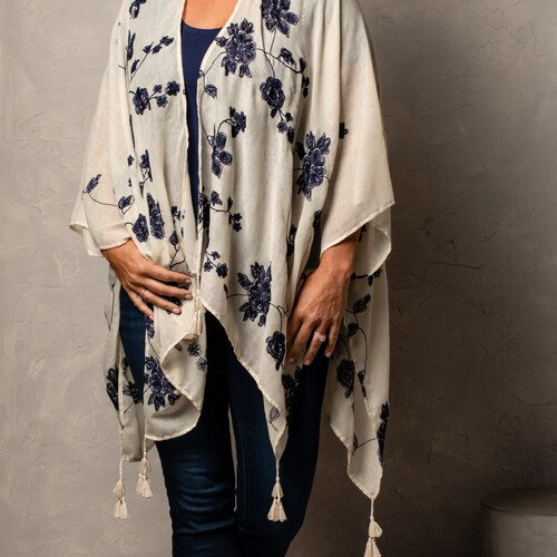 Demdaco 1004290397 Cream and Navy Embroidered Duster