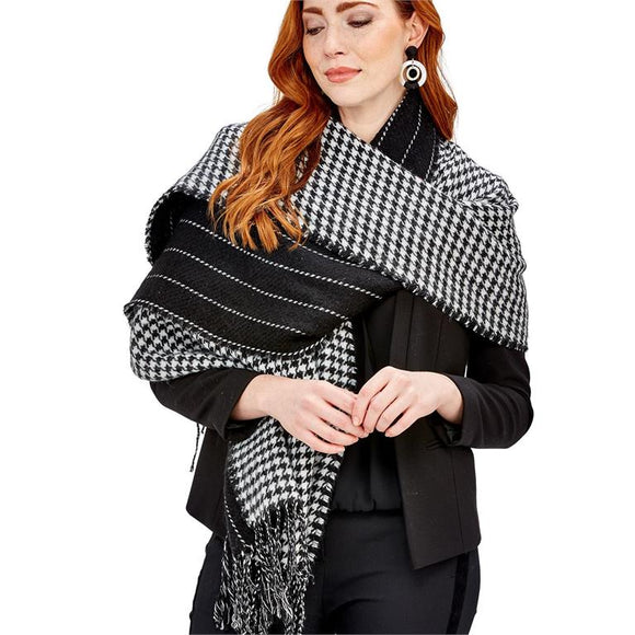 Two's Company TC 200049 Black/White Reversible Houndstooth/Stripes Scarf/Shawl