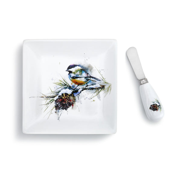 Demdaco 2020200475 Chickadee and Pinecone Plate and Spreader Set