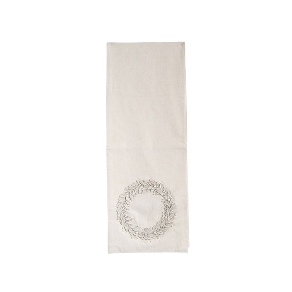 Creative Co-Op CCOP XM3412 Cotton Table Runner with Appliqued Felt & Pearl Beads Wreath, Cream