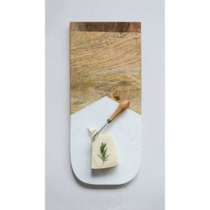 Creative Co-Op CCOP DA8984  Marble & Mango Wood Cutting Board with Canape Knife 17-1/2"L x 7-1/2"W