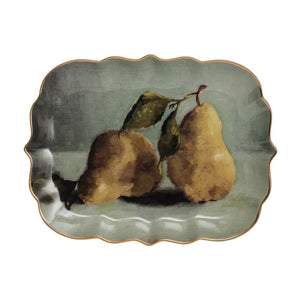 Creative Co-Op CCOP DF3272  Stoneware Platter with Pear Image & Gold Electroplating 13"L x 10"W