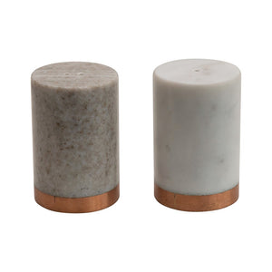 Creative Co-Op CCOP DF3650 2" Round x 3"H Marble Salt & Pepper Shakers with Copper Base, White & Beige, Set of 2