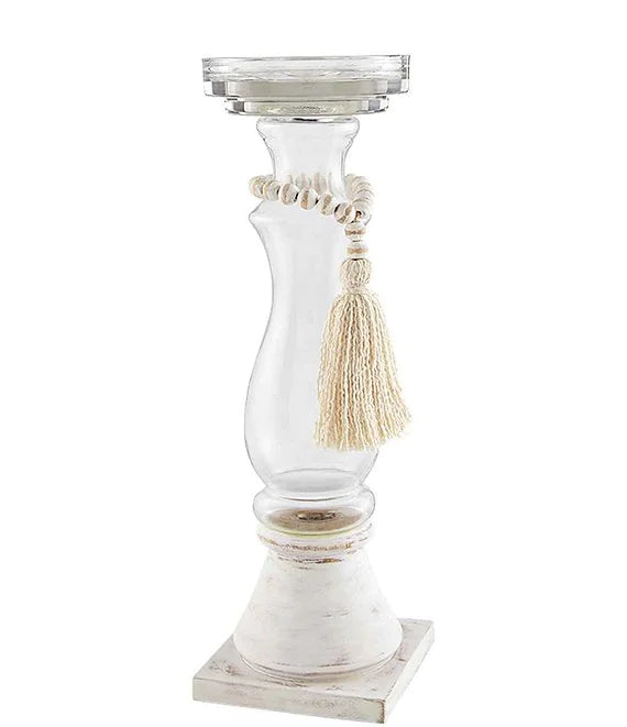 Mud Pie MP 40960047S Small Glass Wood Bead Candlestick - White Base with Tassel