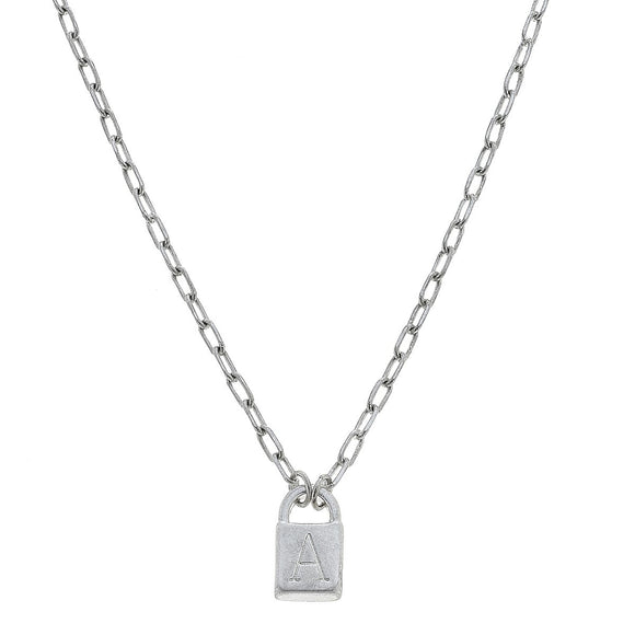 Canvas Jewelry CJ 21769N-SL Initial Padlock Necklace - Worn Silver 16